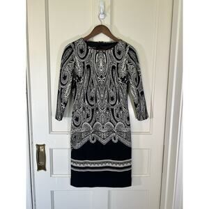 Carlisle Paisley Sheath Sweater Dress Womens Size 2 Black White Classic